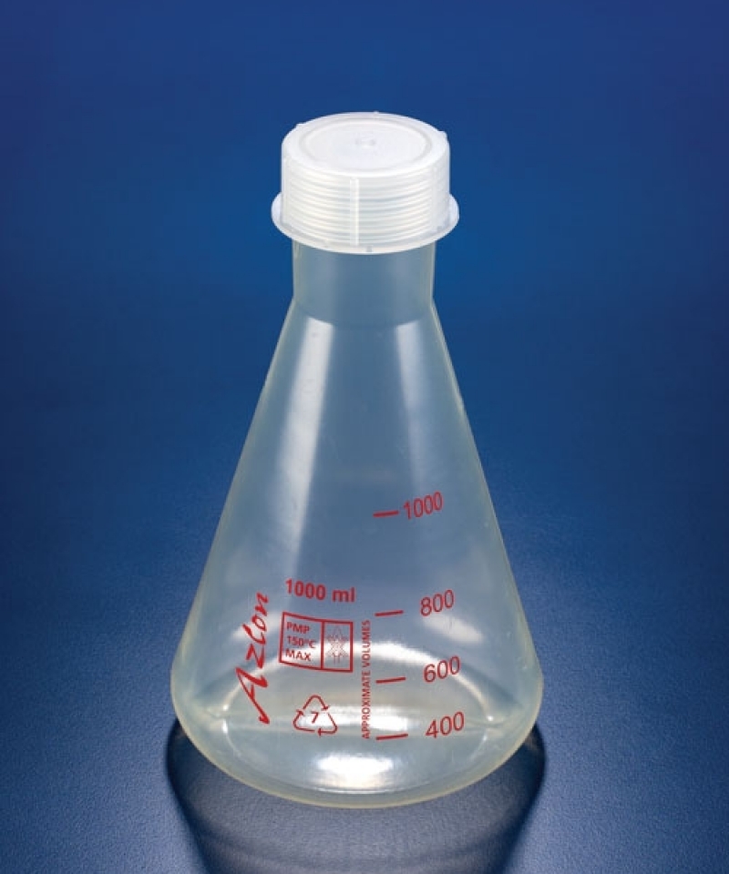 Beuta conica trasparente Collo largo con Tappo in plastica  PMP da 50 ml a 1 lt