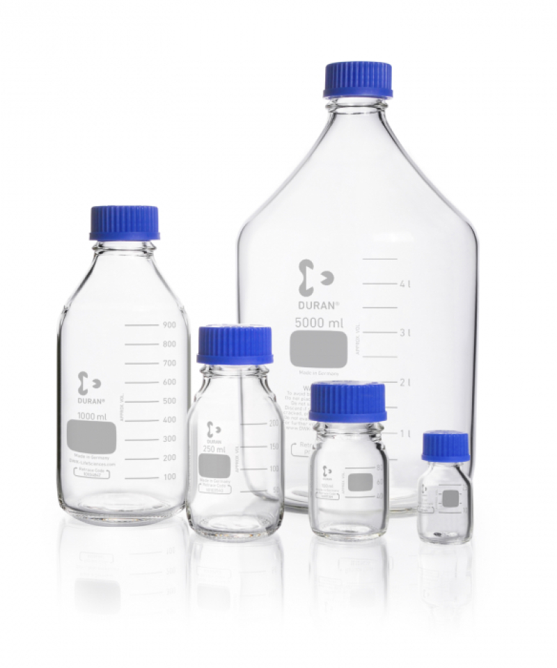 Bottiglia in vetro borosilicato Duran con tappo ed anello salvagoccia - da 10 ml a 25 litri